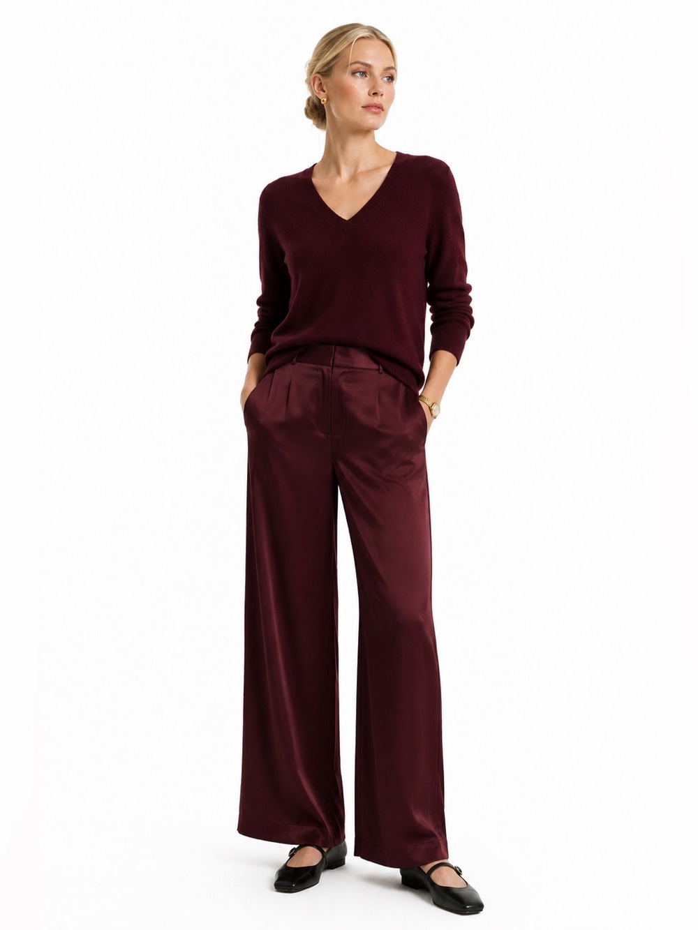 Mélissa Nepton Eileen Satin Wide Leg Pants, Burgundy, Size Medium, EUC